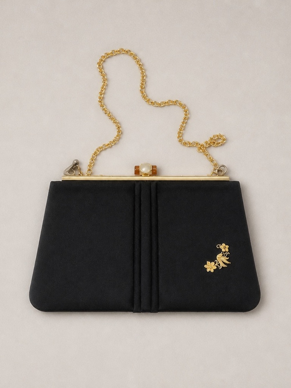 Vintage Elegant Black Evening Clutch with Gold Chain and Floral Accent